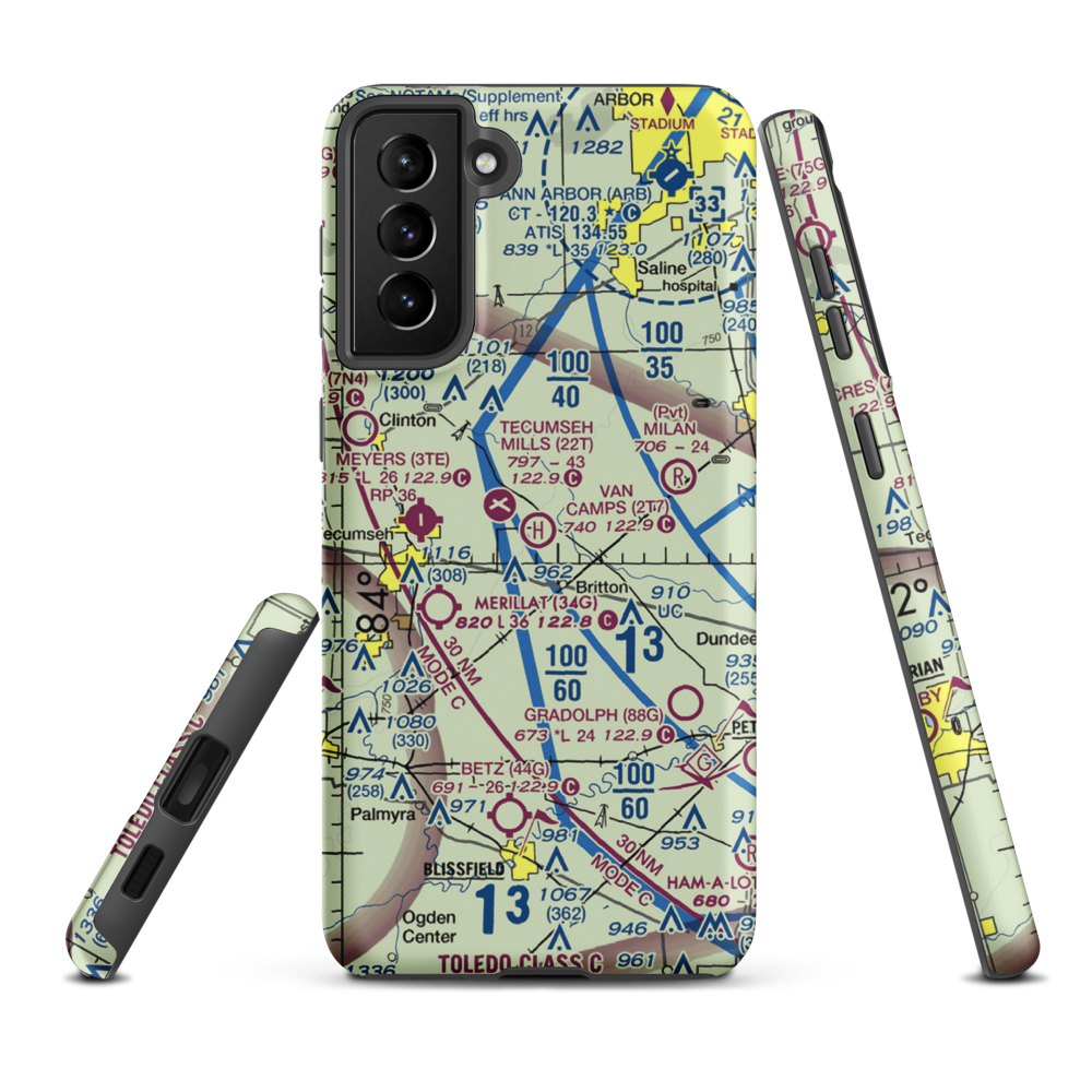 Van Camp's Heliport (2T7) VFR Sectional Samsung Phone Case Samsung Galaxy S21 Plus model shown