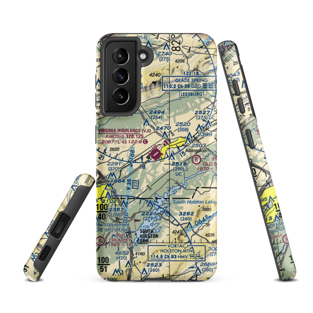 Virginia Highlands Airport (VJI) VFR Sectional Samsung Phone Case Samsung Galaxy S21 FE model shown