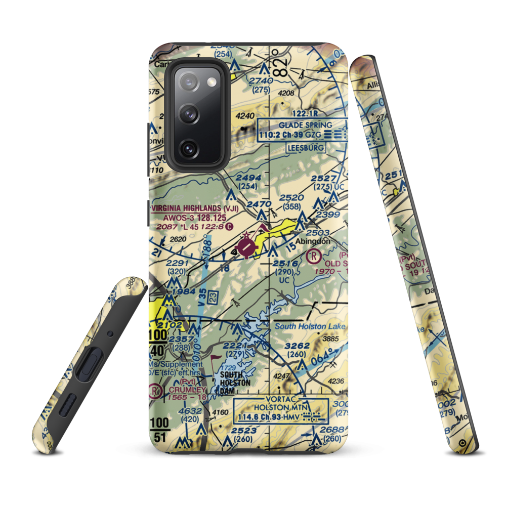 Virginia Highlands Airport (VJI) VFR Sectional Samsung Phone Case Samsung Galaxy S20 FE model shown