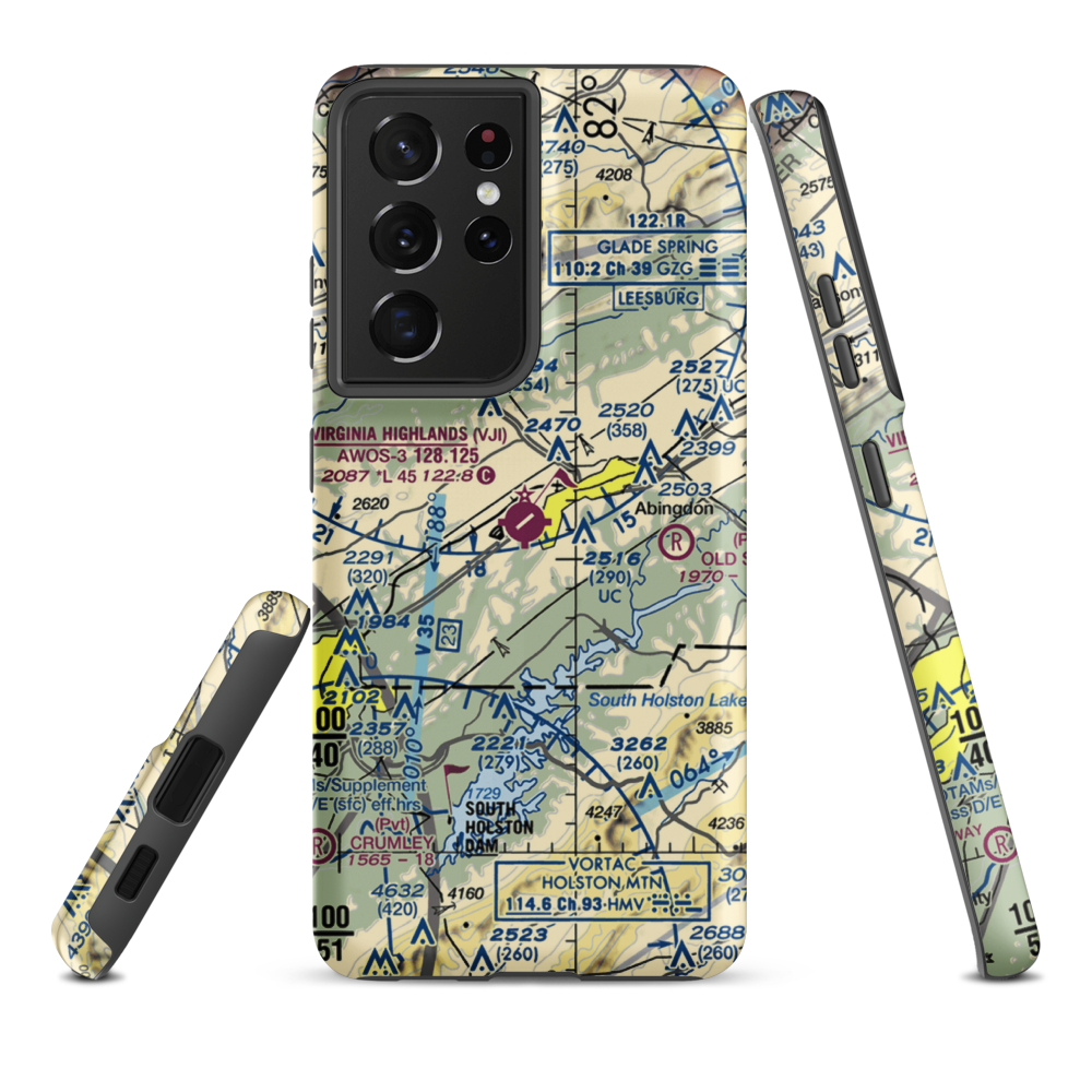 Virginia Highlands Airport (VJI) VFR Sectional Samsung Phone Case Samsung Galaxy S21 Plus model shown