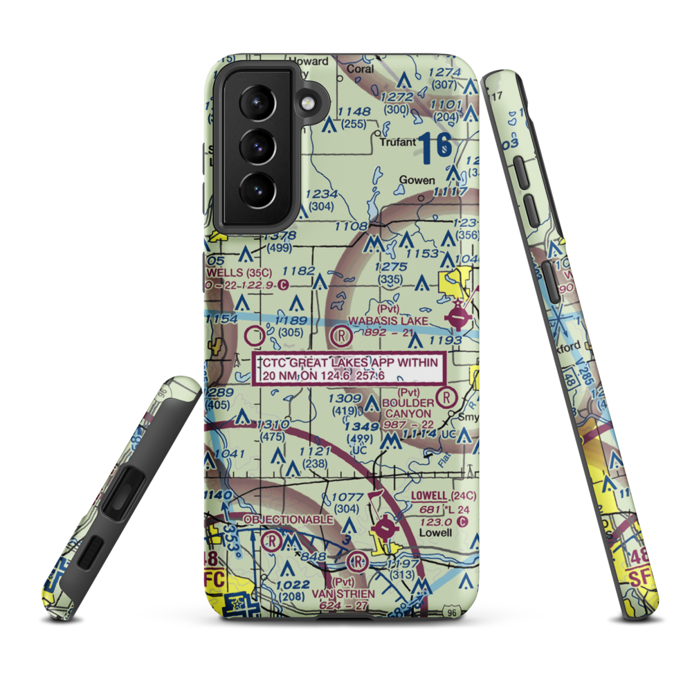 Wabasis Lake Airport (MI80) VFR Sectional Samsung Phone Case Samsung Galaxy S21 FE model shown