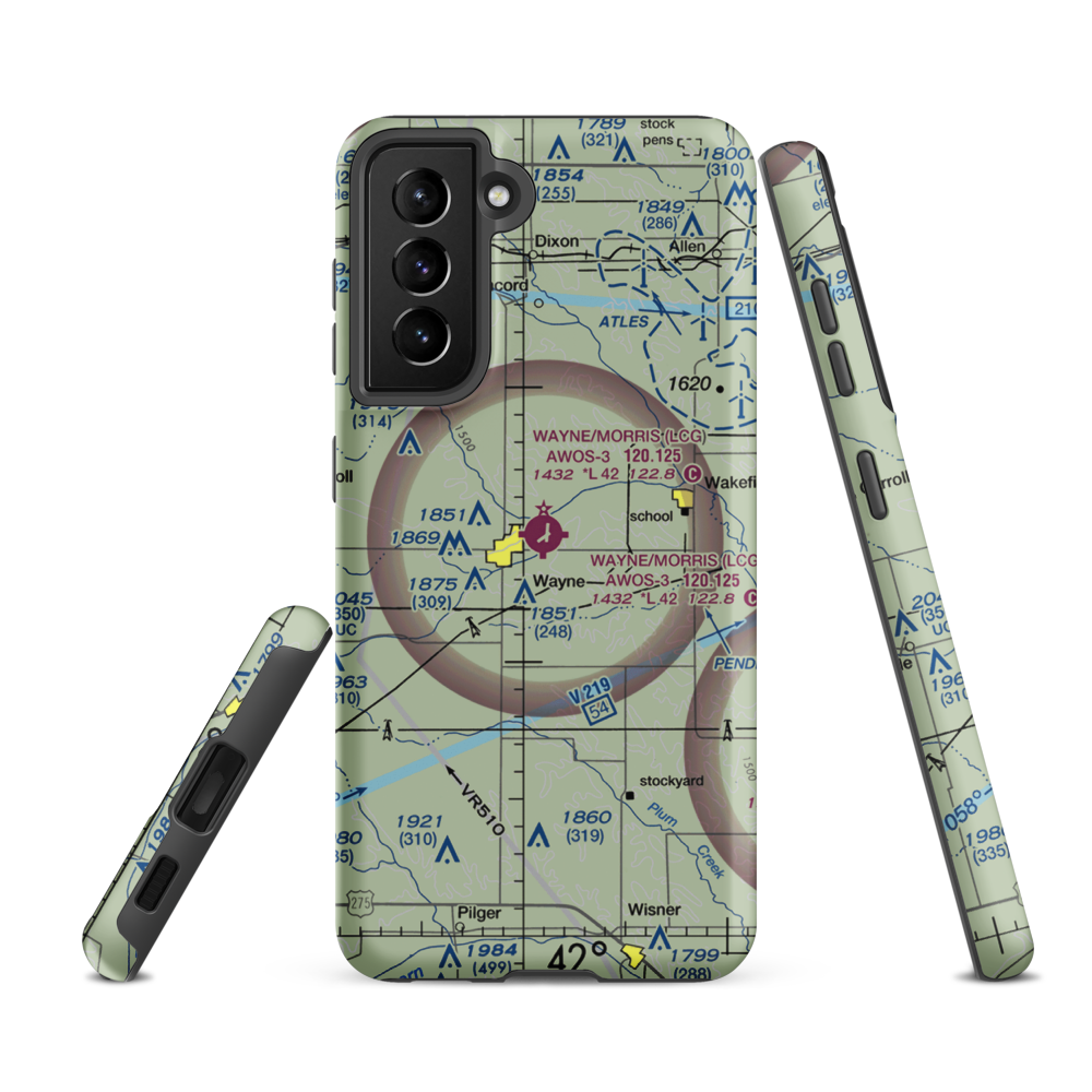 Wayne Municipal Airport (LCG) VFR Sectional Samsung Phone Case Samsung Galaxy S21 FE model shown