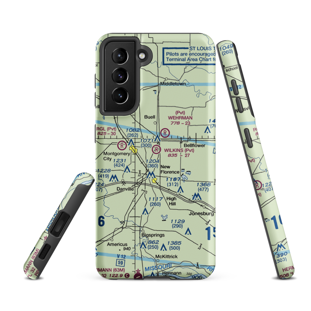Wilkins Airport (MO43) VFR Sectional Samsung Phone Case Samsung Galaxy S21 FE model shown