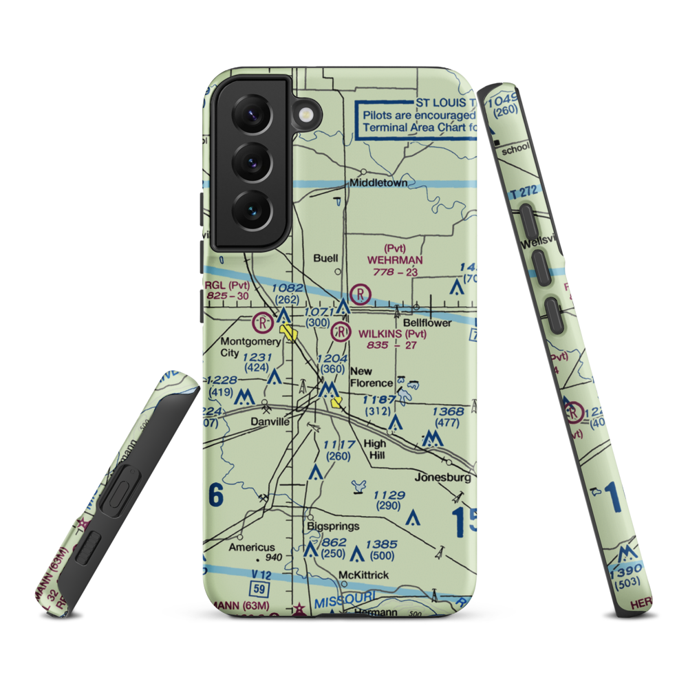Wilkins Airport (MO43) VFR Sectional Samsung Phone Case Samsung Galaxy S22 Plus model shown