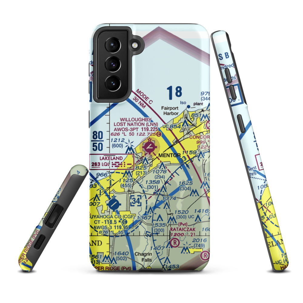 Willoughby Lost Nation Municipal Airport (LNN) VFR Sectional Samsung Phone Case Samsung Galaxy S21 Plus model shown