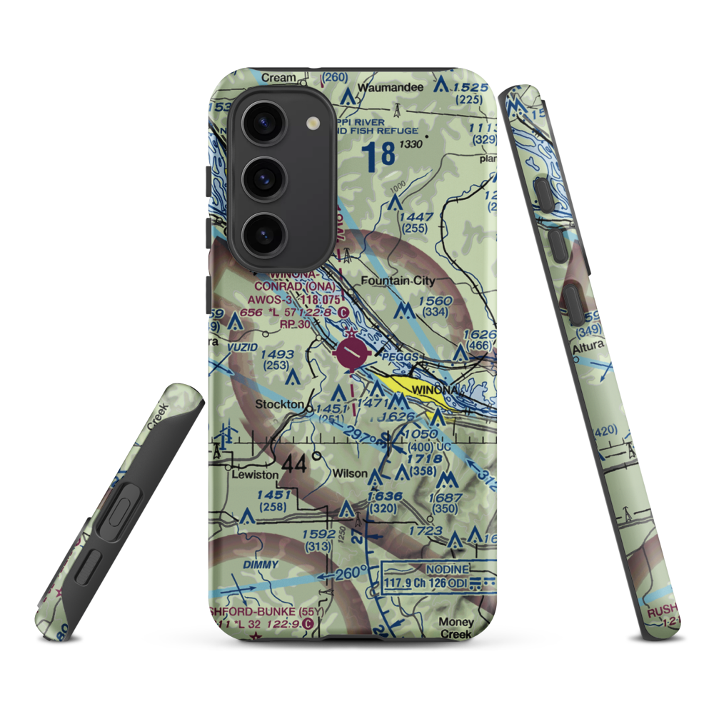 Winona Municipal-Max Conrad Field (ONA) VFR Sectional Samsung Phone Case Samsung Galaxy S23 Plus model shown