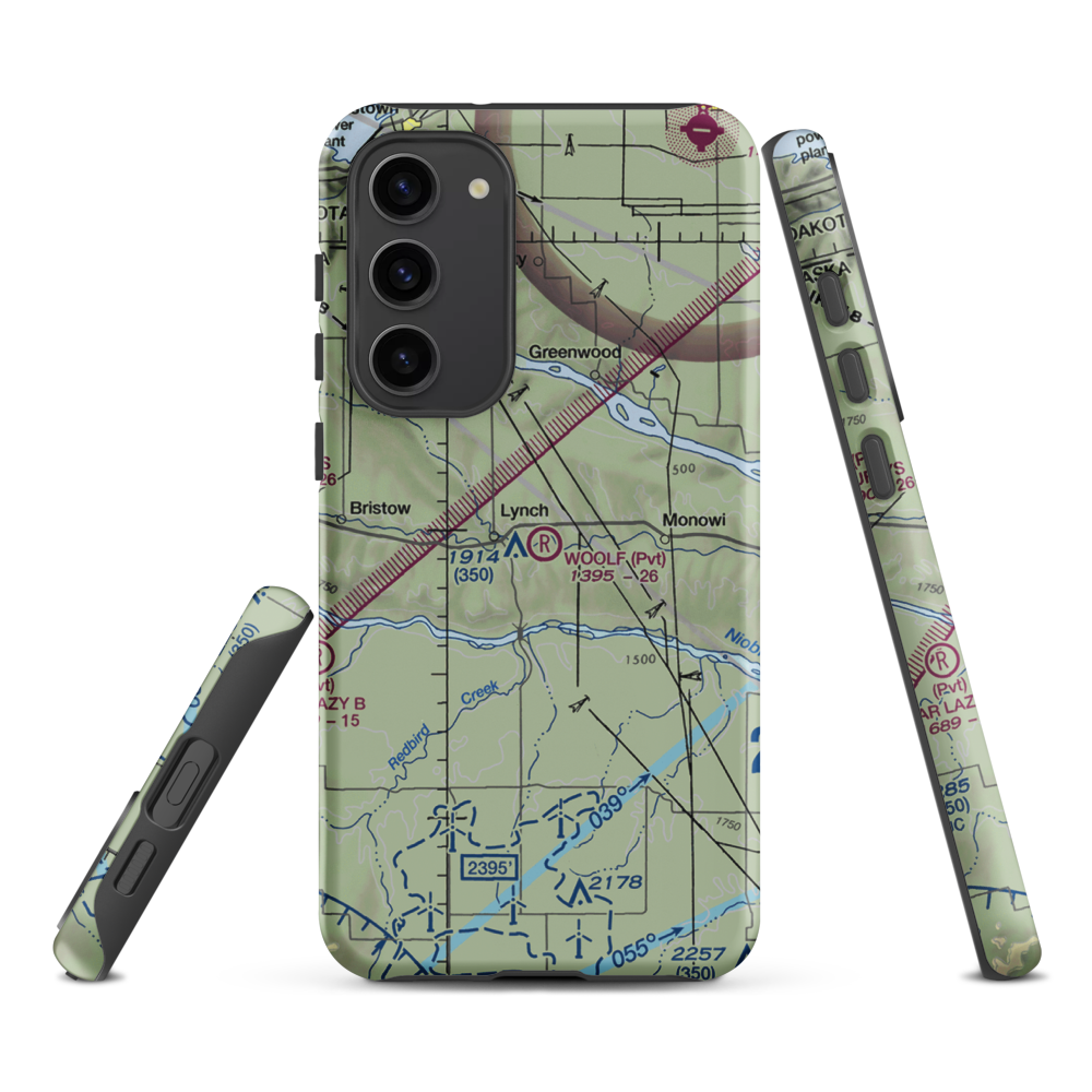 Woolf Brothers Airport (NE06) VFR Sectional Samsung Phone Case Samsung Galaxy S23 Plus model shown