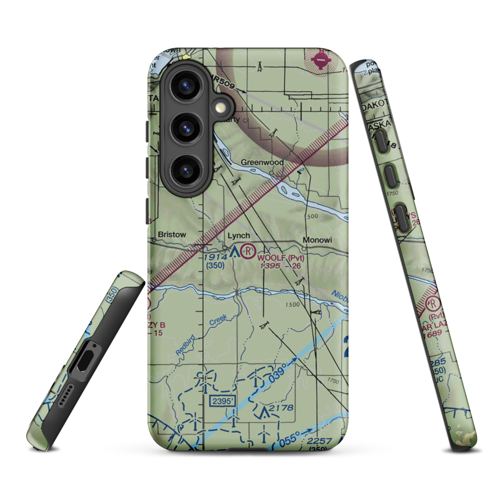 Woolf Brothers Airport (NE06) VFR Sectional Samsung Phone Case Samsung Galaxy S24 Plus model shown