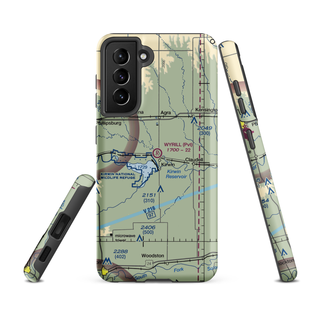 Wyrill Farming Airport (25KS) VFR Sectional Samsung Phone Case Samsung Galaxy S21 FE model shown