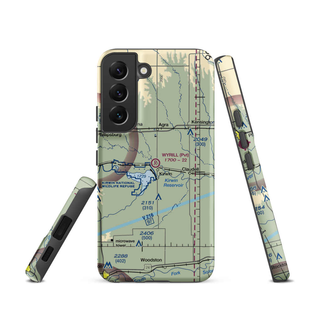Wyrill Farming Airport (25KS) VFR Sectional Samsung Phone Case Samsung Galaxy S22 model shown