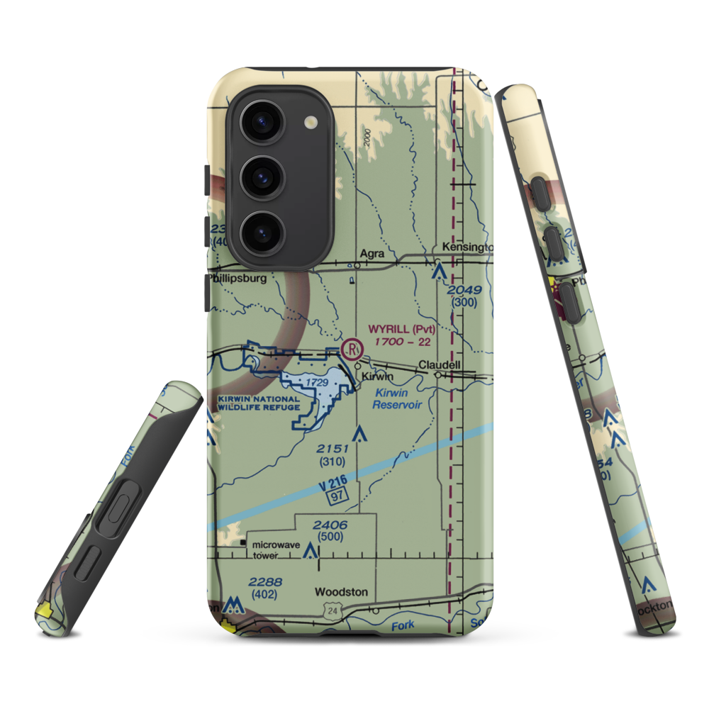 Wyrill Farming Airport (25KS) VFR Sectional Samsung Phone Case Samsung Galaxy S23 Plus model shown