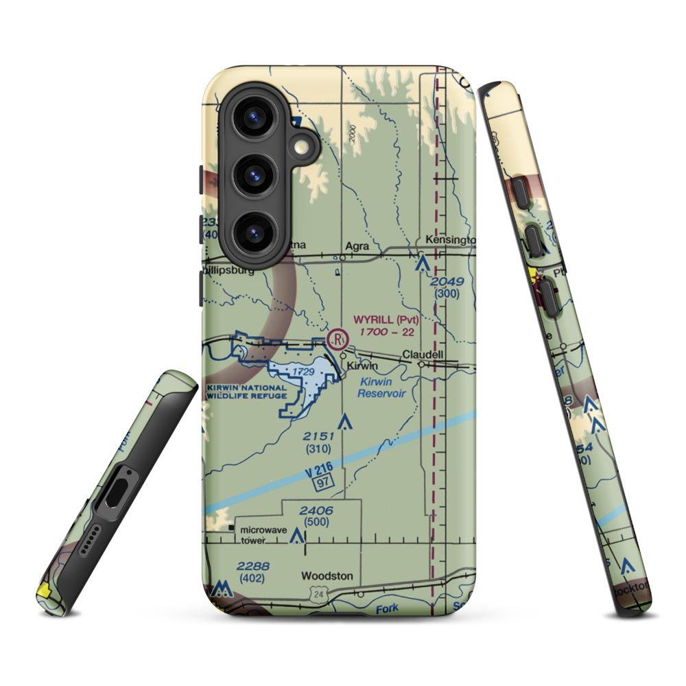 Wyrill Farming Airport (25KS) VFR Sectional Samsung Phone Case Samsung Galaxy S24 Plus model shown