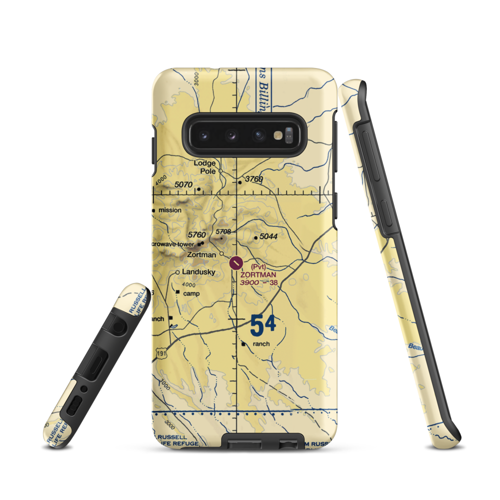 Zortman Airport (MT08) VFR Sectional Samsung Phone Case Samsung Galaxy S10 model shown