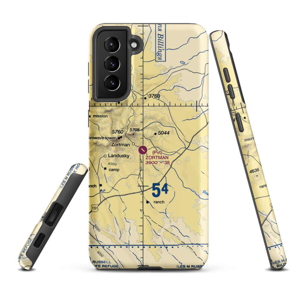 Zortman Airport (MT08) VFR Sectional Samsung Phone Case Samsung Galaxy S21 Plus model shown