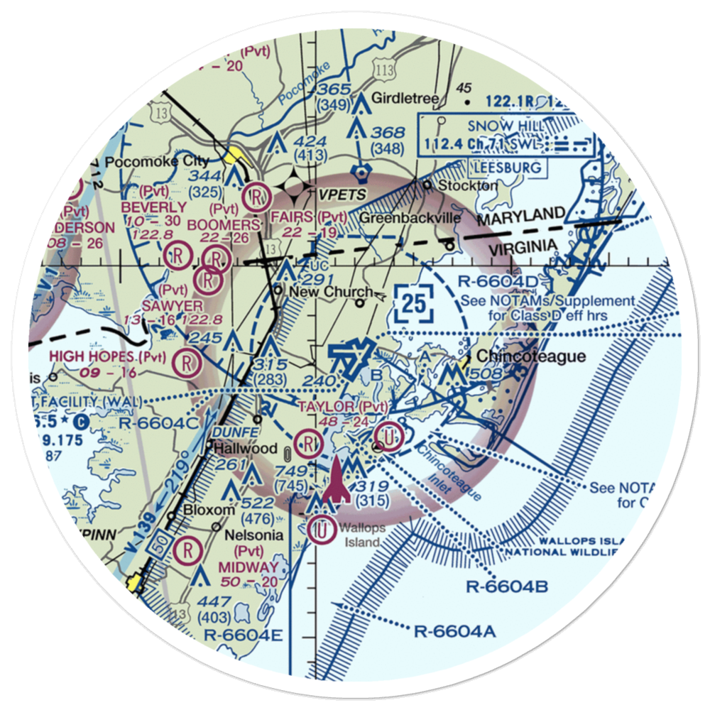 Wallops Flight Facility Airport (WAL) VFR Sectional Sticker (30 mile) 