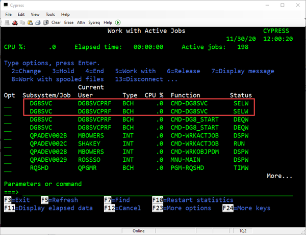 WRKACTJOB showing DG8SVC jobs