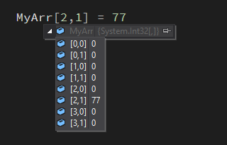 Visual Studio debugger showing a value having been assigned to row 2, column 1
