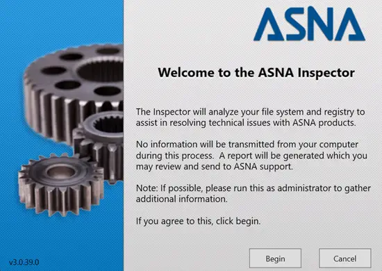 The ASNA Inspector startup dialog