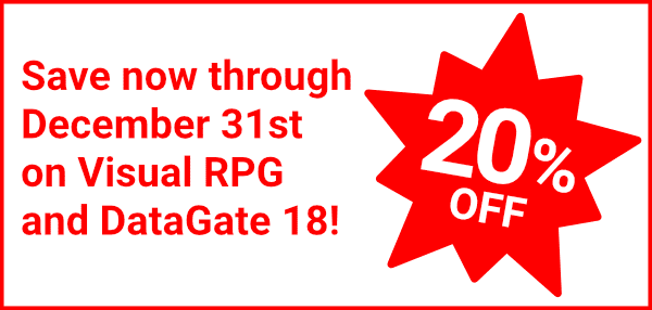 Save 20% on Visual RPG and DataGate 18 upgrade.