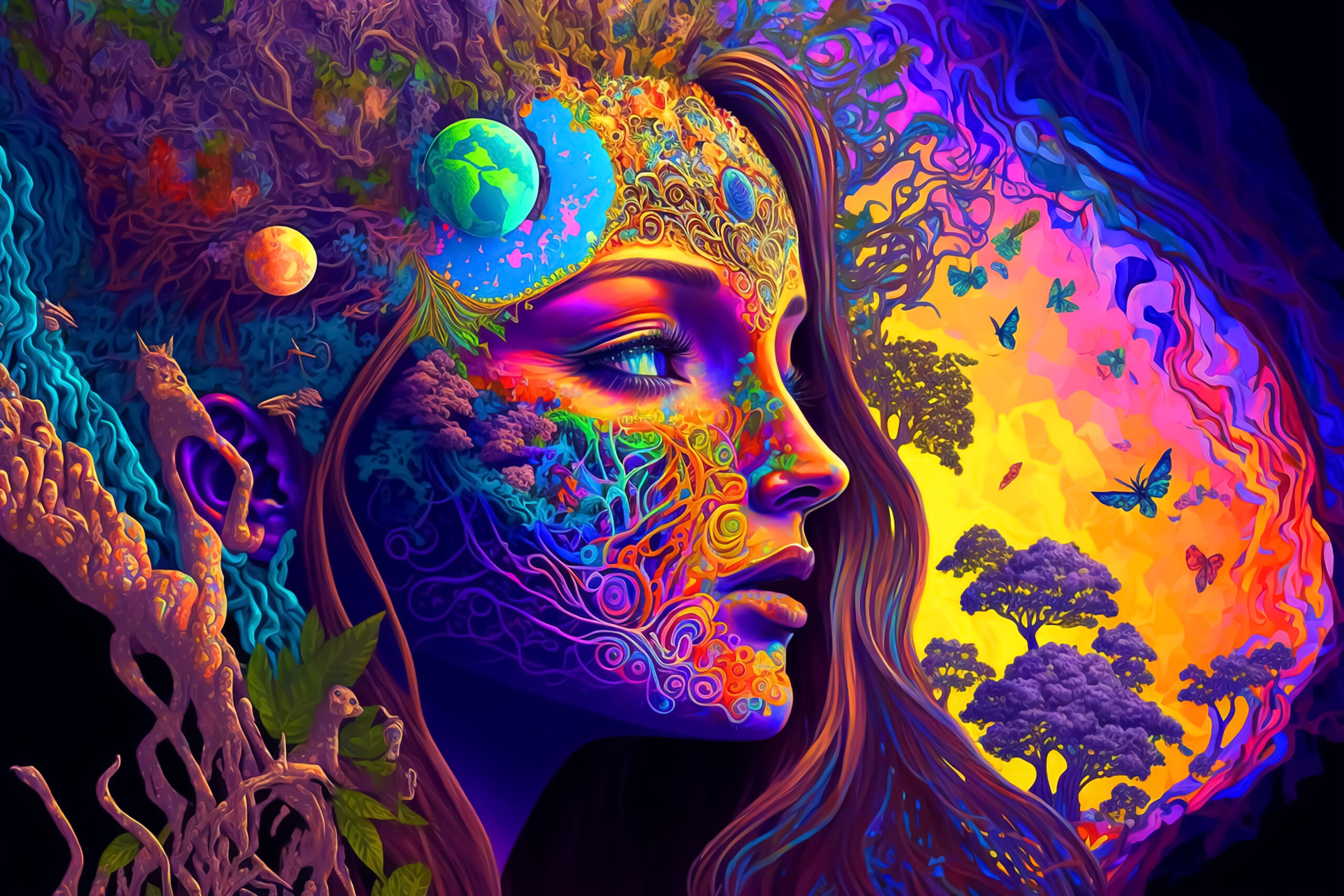psychedelic portrait human, Colorful psychedelic portrait of an abstract woman, Colorful psychedelic portrait of an abstract man. Digital art Psychedelic portrait of a hippie woman. Generative AI