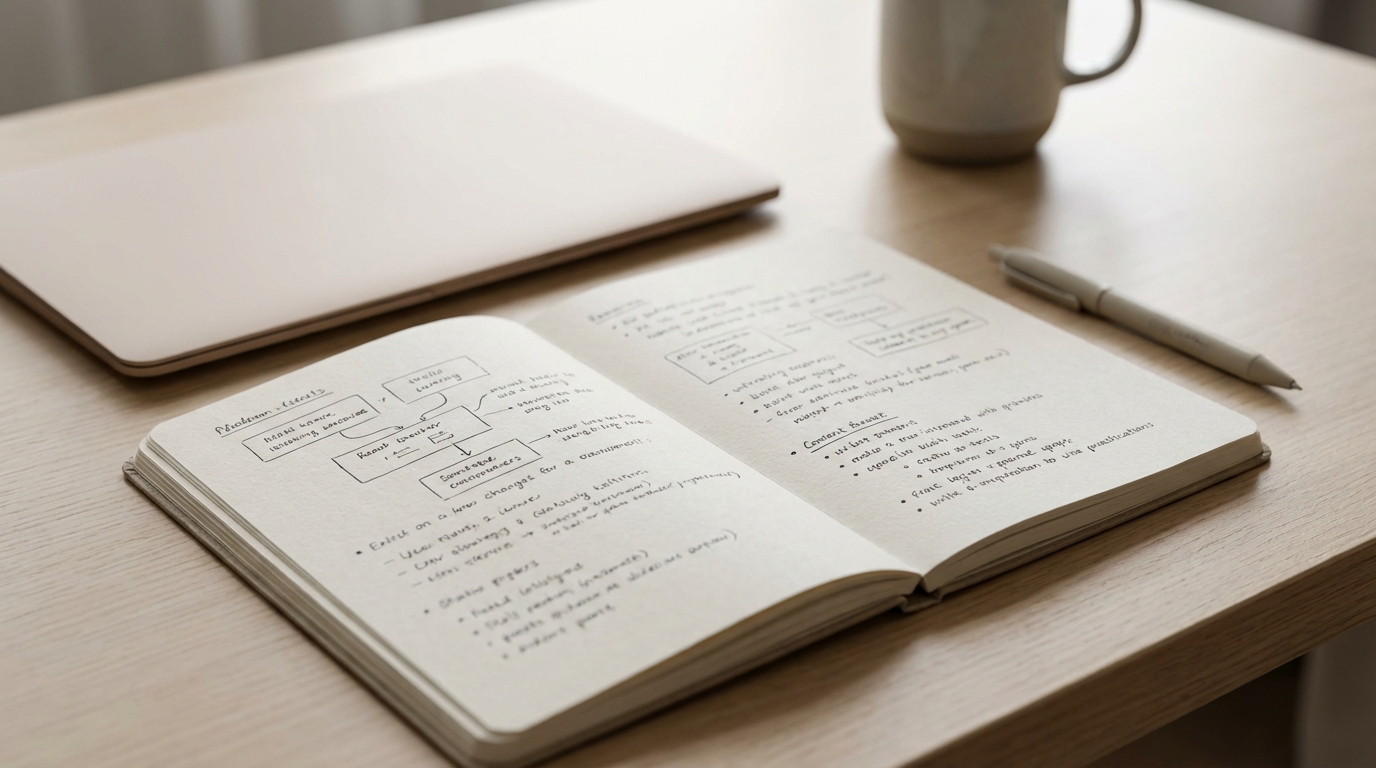 Notebook with structured notes and laptop