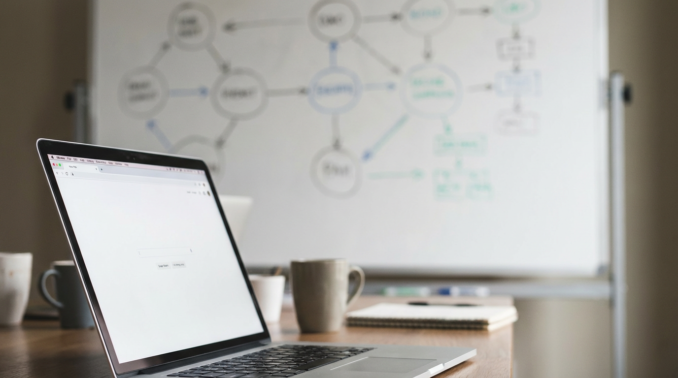 Workspace with laptop and strategic diagrams