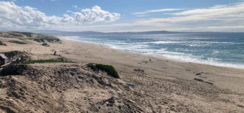 Marina State Beach, looking south towards the Monterey Peninsula, on a cold day (beach attracts throngs on sunny days)