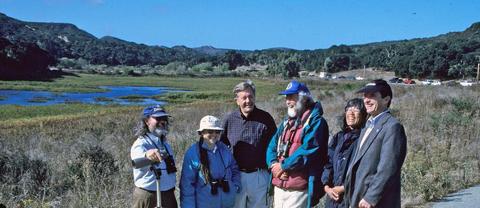 Mudhen Lake in Oct 1996 at transfer of Fort Ord to nature reserve with Secretary of the Interior Bruce Babbitt, joined by Monterey Audubon board members (L to R) Don Roberson, Rita Carratello, Sec. Babbitt, Alan Baldridge, May Gong-Tenny, and Scott Hennessy