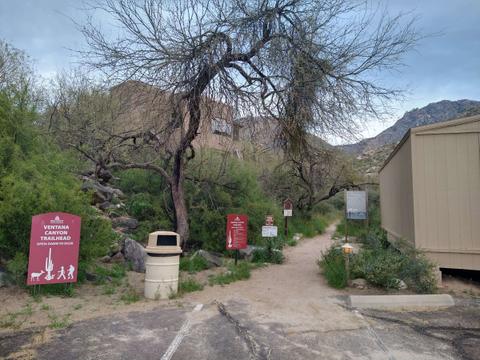 Start of the Ventana Canyon Trail, March 2024. Note "No Dogs Allowed" sign. 