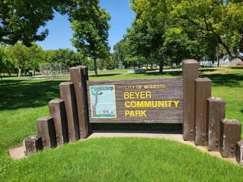 Beyer Community Park sign at the southwest corner of the park, near the intersection of  Sylvan Avenue and Forest Glenn Drive.