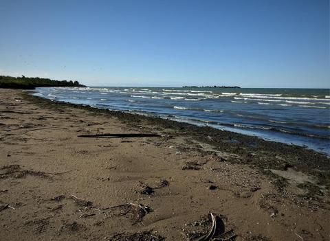 Main beach, looking south towards Owen Point. High Bluff Island is visible in the top right of the image.