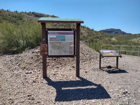 Information signs at Richard Genser Starr Pass Trailhead, April 2024. Note "No Dogs allowed" sign. 