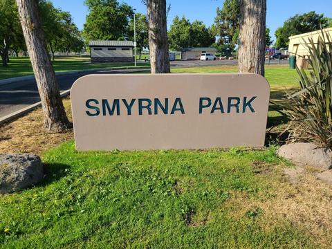 Smyrna Park sign at the entrance to the north parking lot off of Fowler Road.