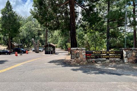 Entrance to the campground/day use area from Hwy 79. This is a fee area; a number of payment options are available. 