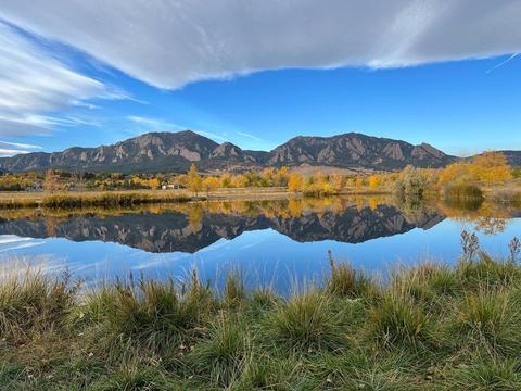 View of the Flatirons from one of the ponds