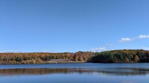 view of Crystal lake, looking east from road in cemetery