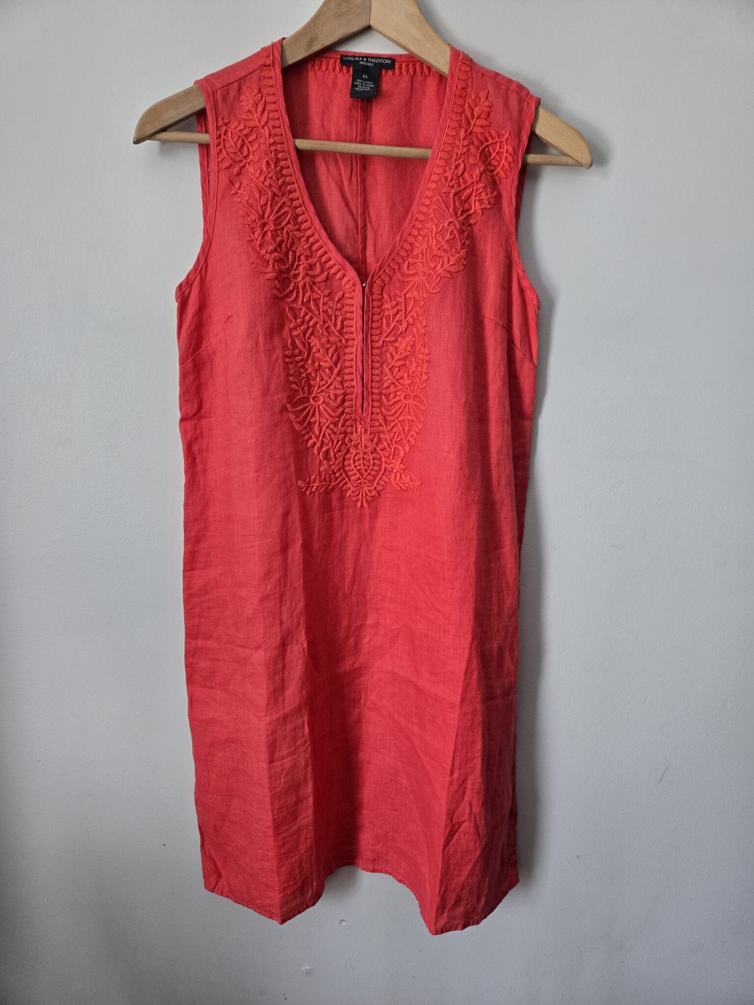 Featured image for CHELSEA & THEODORE coral linen dress with embroidery