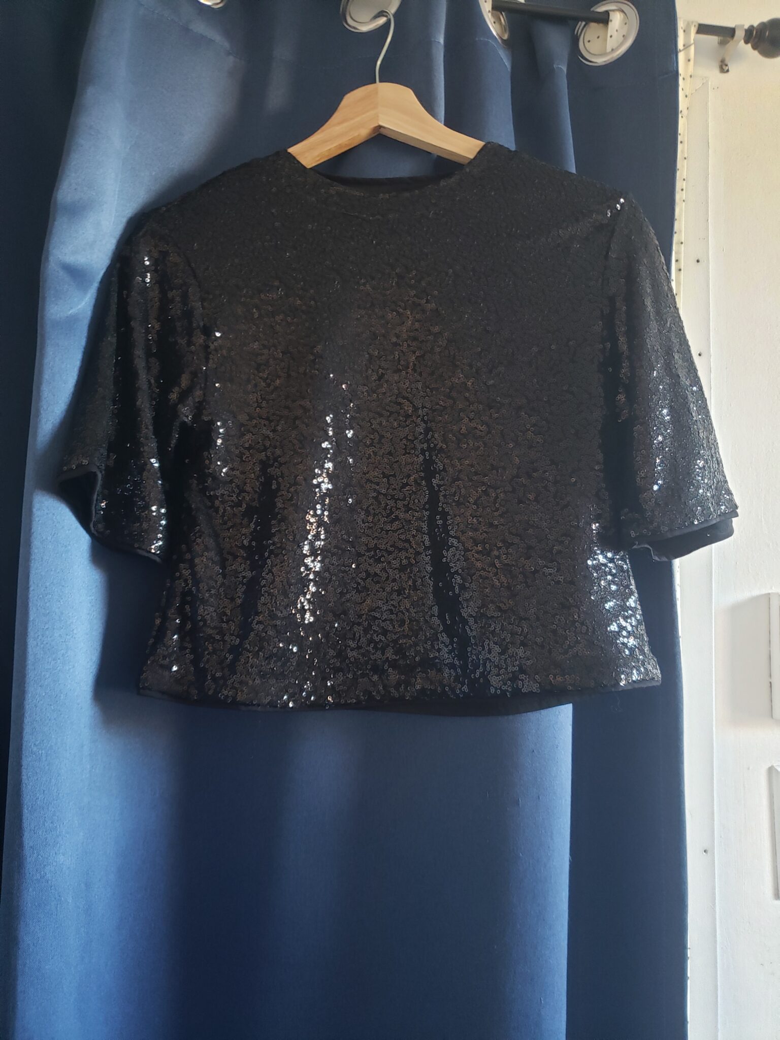 Featured image for black sequined short sleeve blouse