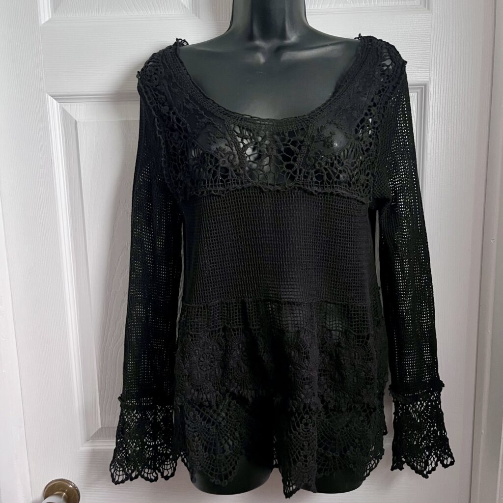 Featured image for Mesh Top Crochet boho Black embroidery Women Medium long sleeve summer lace