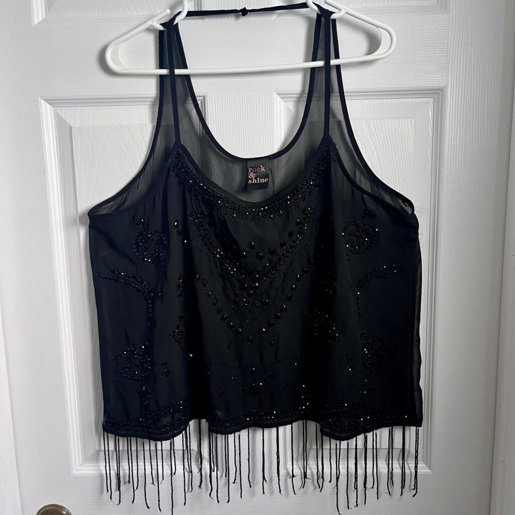 Featured image for Rock & Shine Top Cami Tank Beads Fringe black Sheer XL Women gatsby sparkly