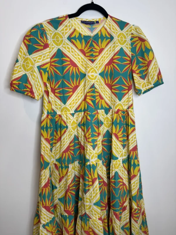 Image for RO'S GARDEN Daphne Short-Sleeve Midi printed colourful tiered Dress size small