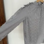 Thumbnail for Pink Tartan blouse à rayures 100% coton col montant avec volants et perles - Taille 4