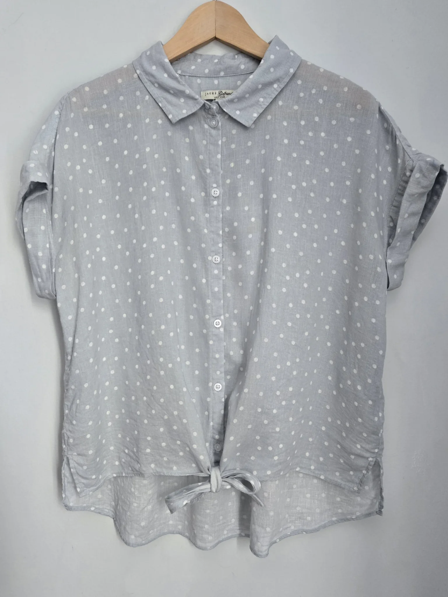Featured image for Light grey-blue top with white polka dots