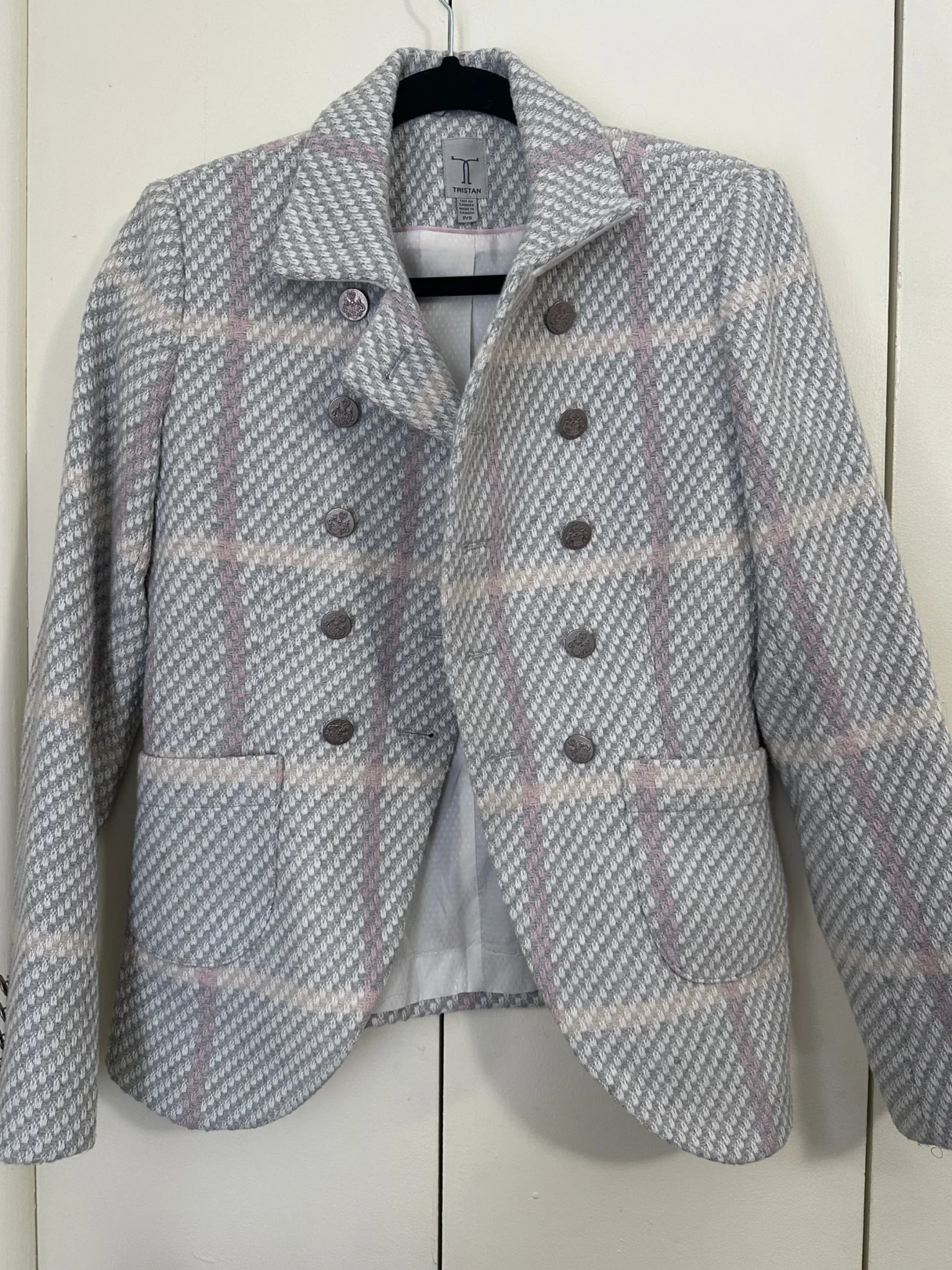 Featured image for Tristan pearl grey and pink tweed jacket size small