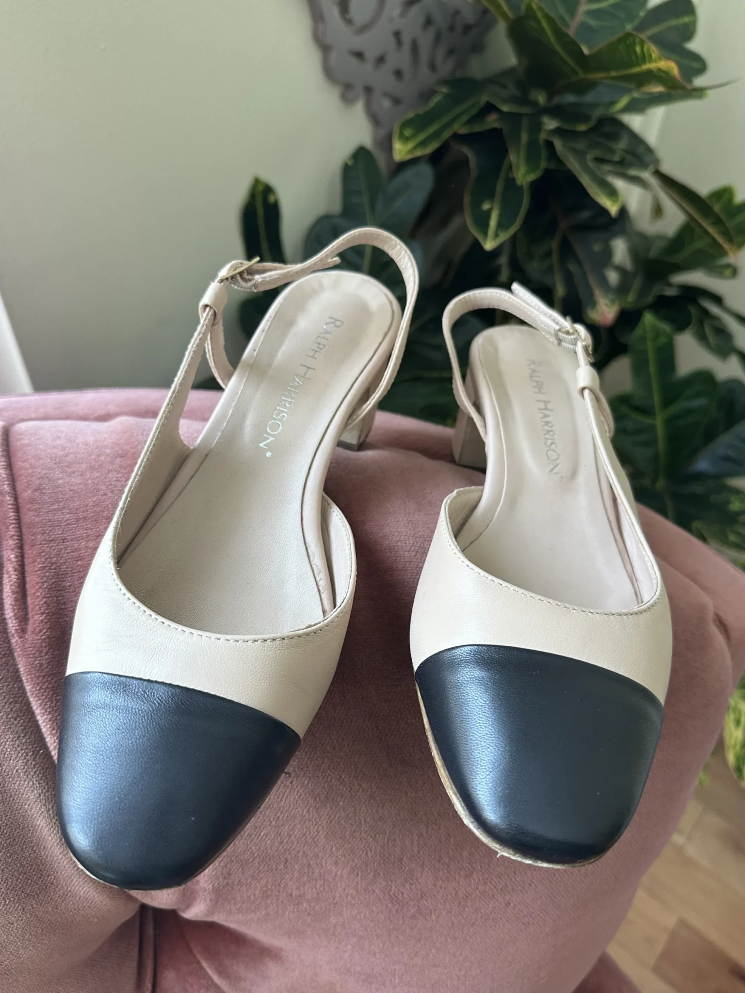 Featured image for Beige and black leather back strap heel - Ralph Harrison size 36