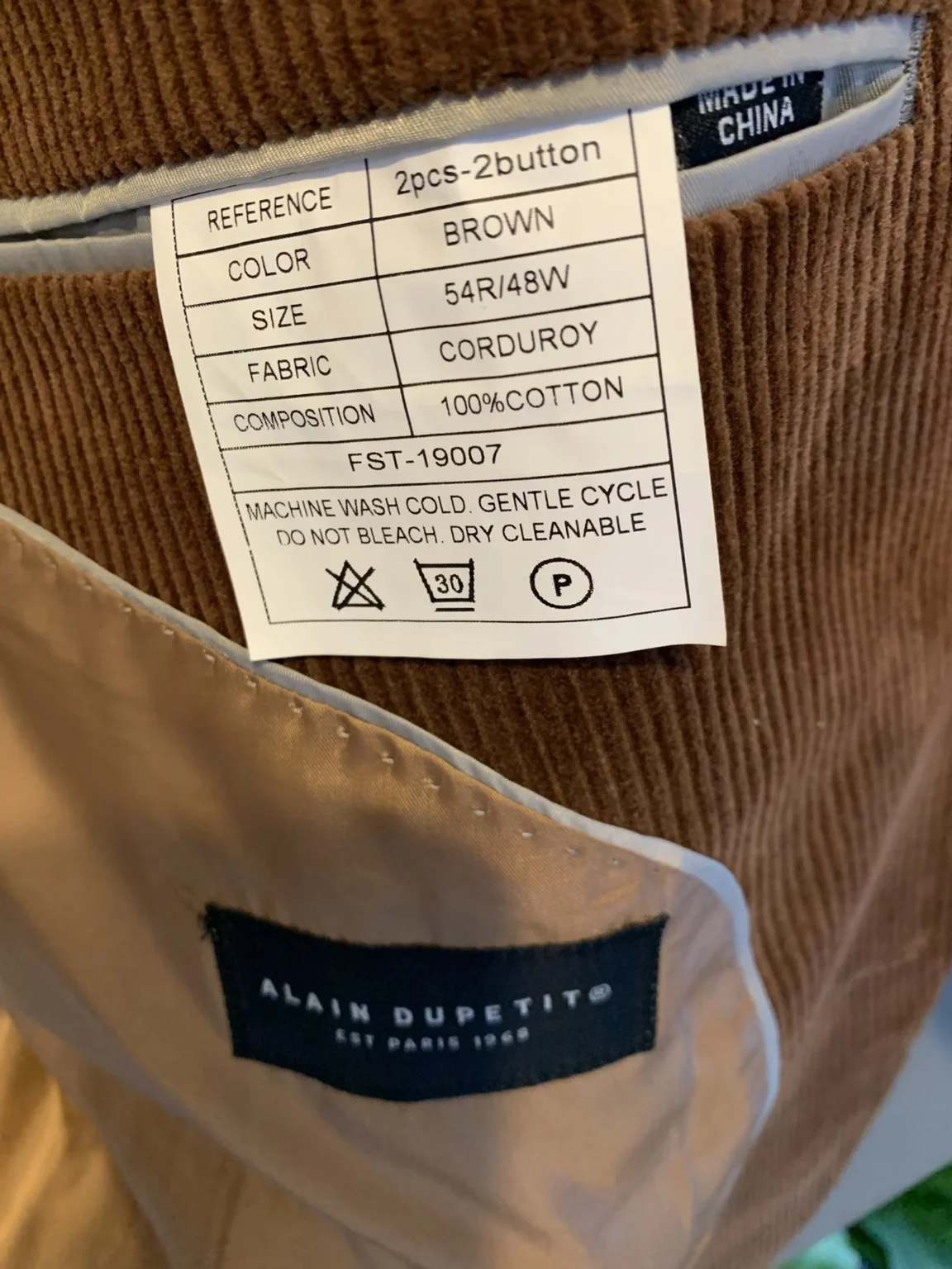Image for 2-piece suit Alain Dupetit - Corduroy Brown - 54R / 48W