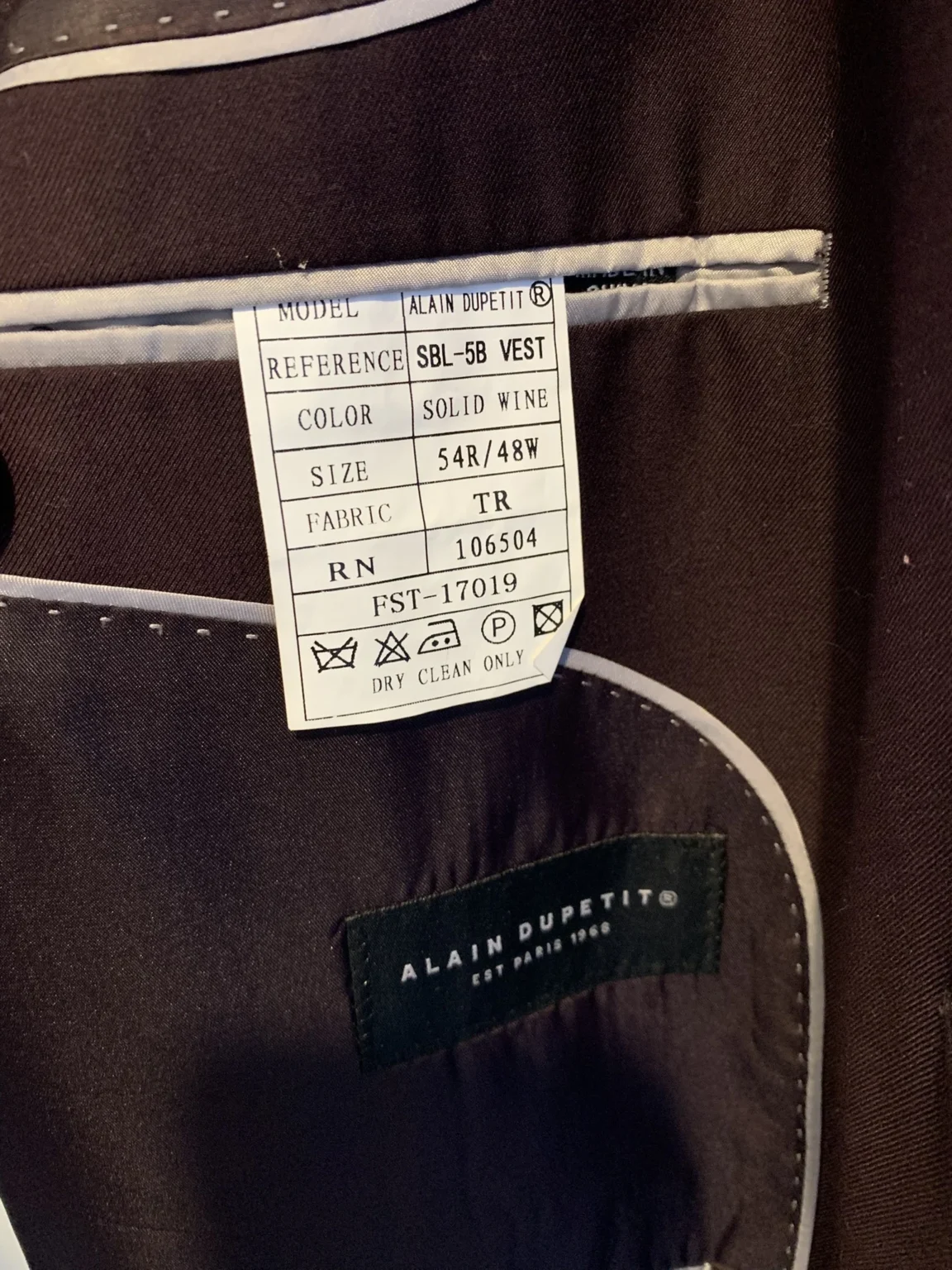 Image for 3-piece suit Alain Dupetit - Colour Wine / Burgundy (Wine) - 54R / 48W