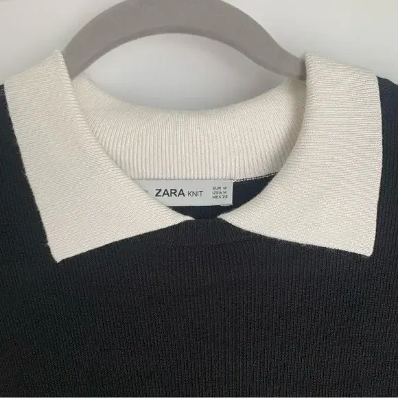Image for Robe ZARA noire en tricot manches longues avec col et poignets blanc - Medium