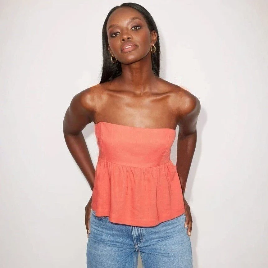 Haut Bandeau Rouge en Lin Dynamite Orange Red Linen Peplum Strapless Tube Top Dynamite seconde main