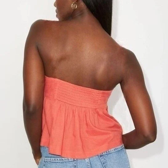Image for Haut Bandeau Rouge en Lin Dynamite Orange Red Linen Peplum Strapless Tube Top